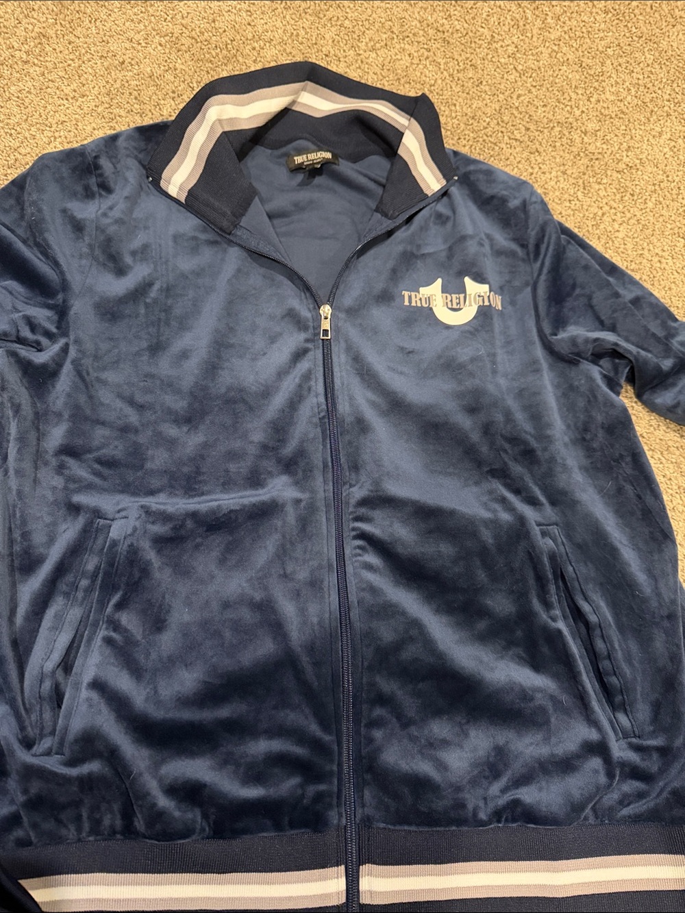 True Religion Men’s Navy Velour Bomber Jacket with Stripe Trim